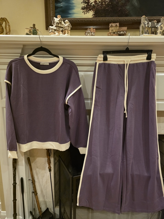 Zenana Outfitters Pants - Zenana Outfitters Purple Wide-Leg Scuba Set with Cream Trim
